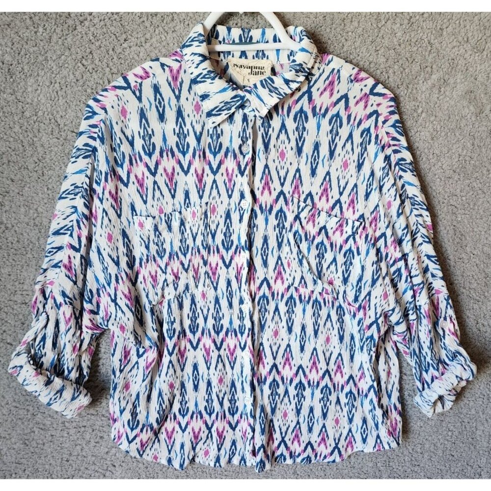 Savanna Jane 3/4 Roll Tab Sleeve Button Up Top Blue/Purple Rayon Festival Size S